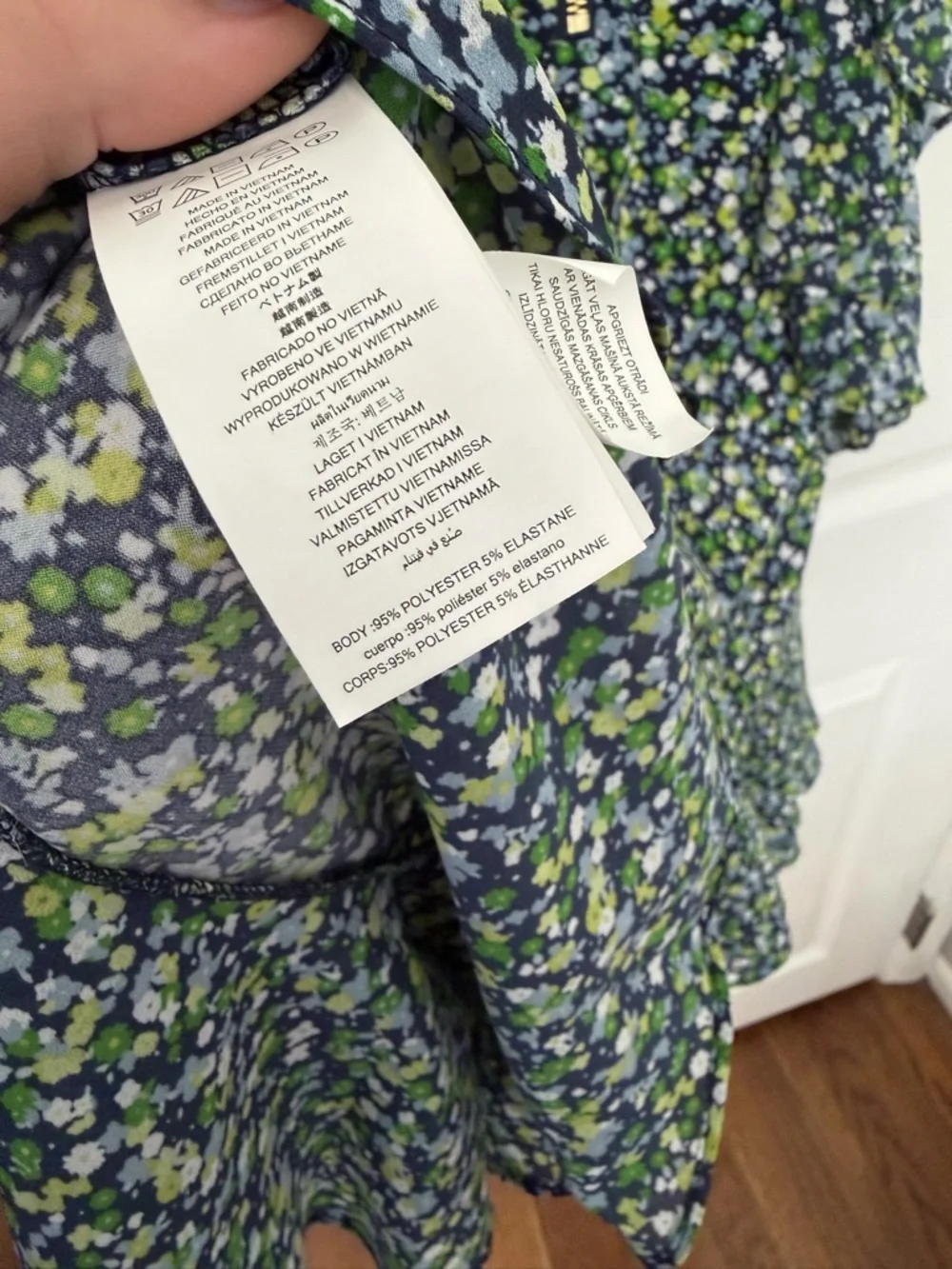 Michael Kors Navy, Green and White Floral V‑Neck Ruffle Mini Dress